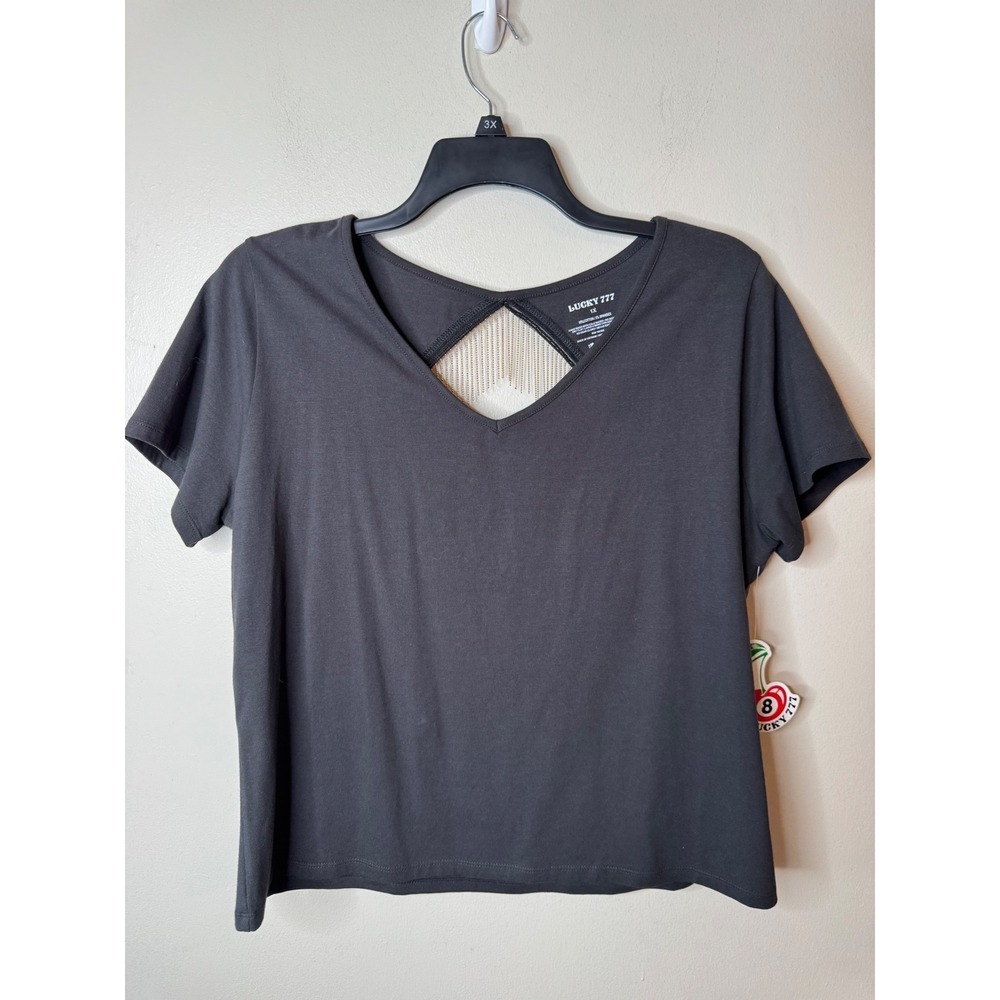 Lucky 777 Womens 1X Charcoal Gray Open Back Gold Chain Fringe V-Neck T-Shirt